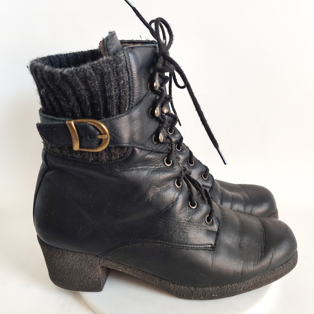 Naturalizer Combat Boots 8 Black Leather Knit Cuff Lace Up Buckle Canada Vintage
